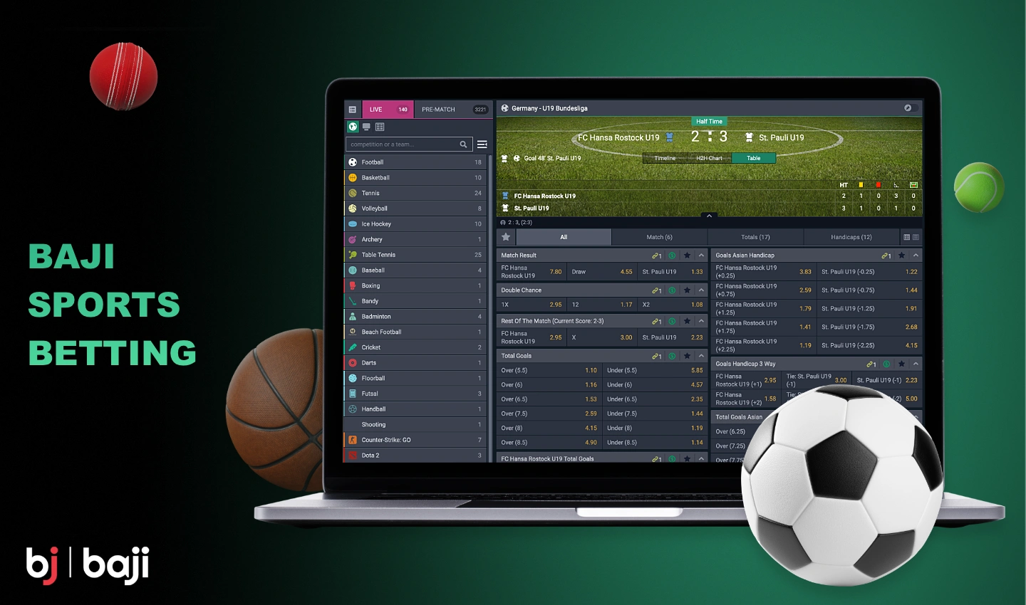 The sports betting section at Baji contains dozens of sports that registered users can bet on