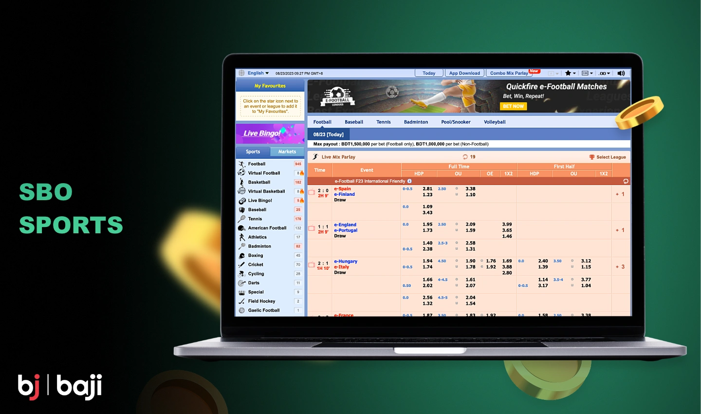 The SBO Sports section on the Baji platform offers betting on dozens of sports, live streaming and much more to its users