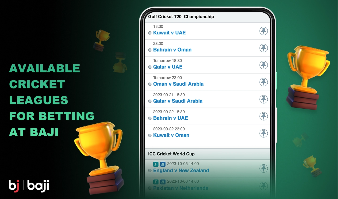 Baji पर, उपयोगकर्ता लोकप्रिय चैंपियनशिप के साथ-साथ स्थानीय टूर्नामेंट पर भी दांव लगा सकते हैं